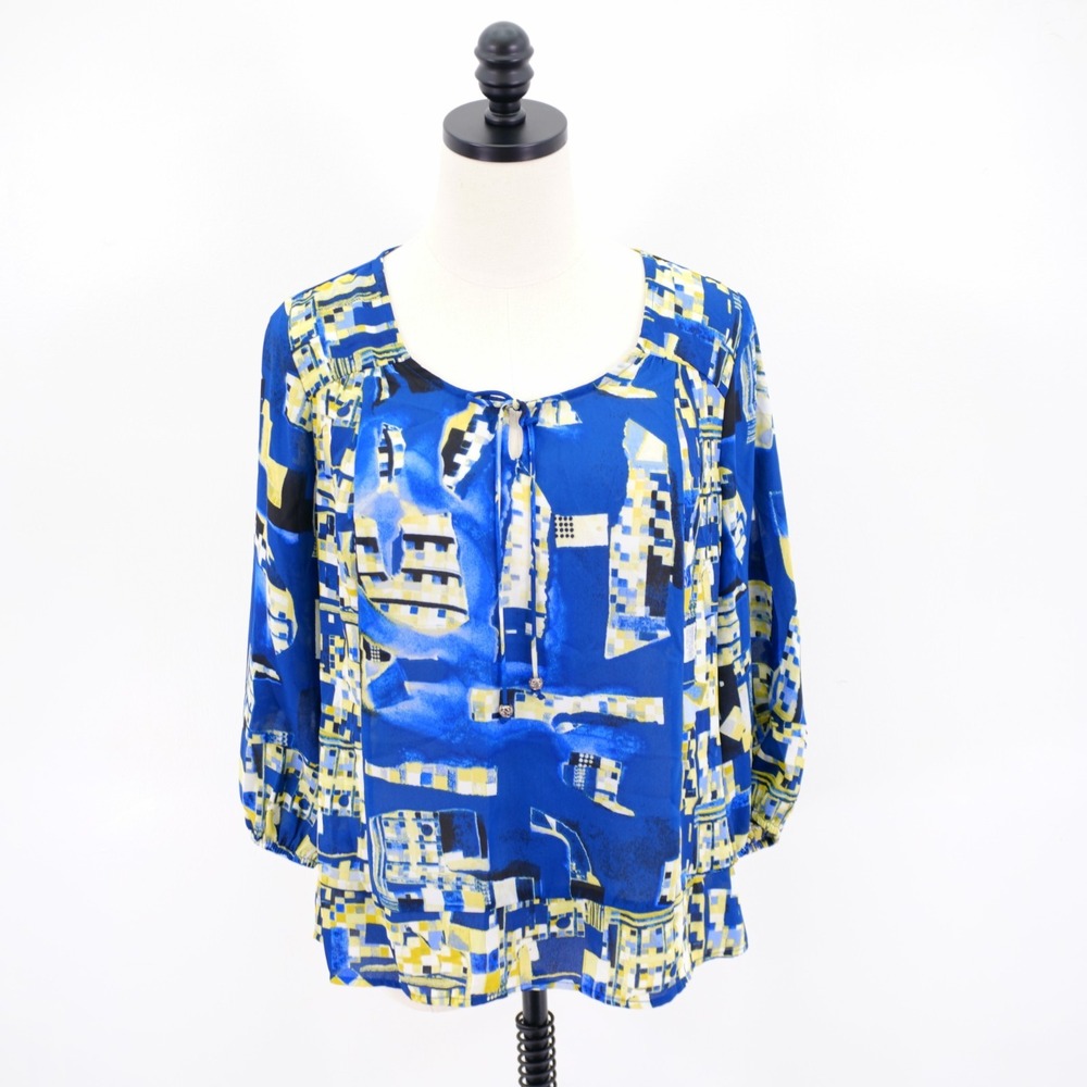 Style & Co Petites PS Blue Yellow Abstract Cityscape Keyhole Round Neck Blouse‎